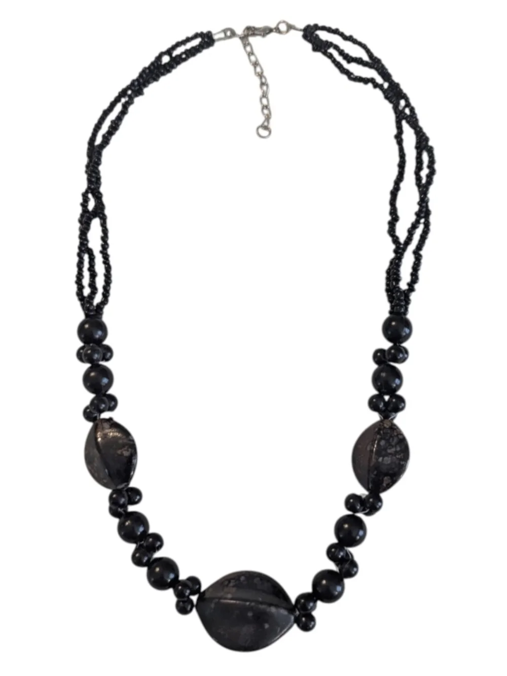 VTG Artisan Black & Black Brown Marbized Beaded Silver Tone Adjustable Necklace